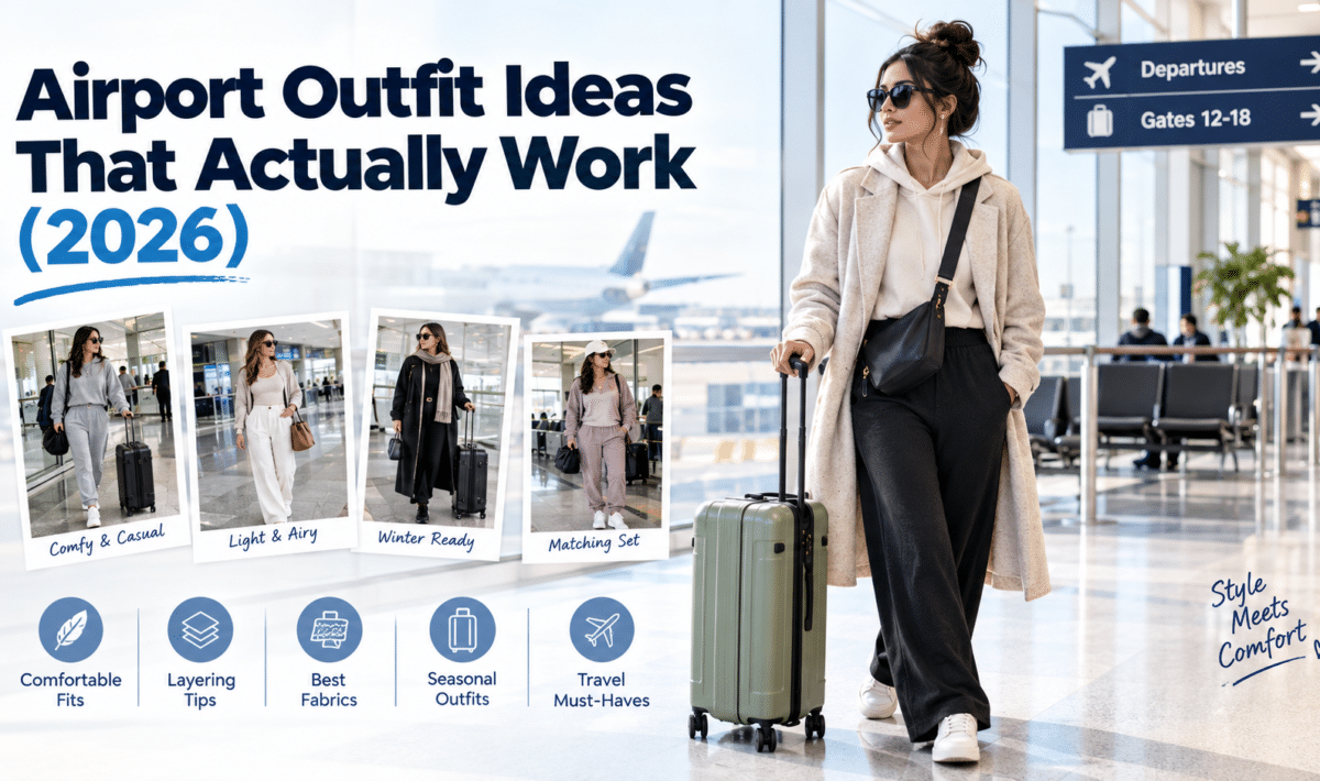 Airport outfit ideas for 2026 featuring comfortable, stylish, and travel-friendly looks for long flights and airport days.